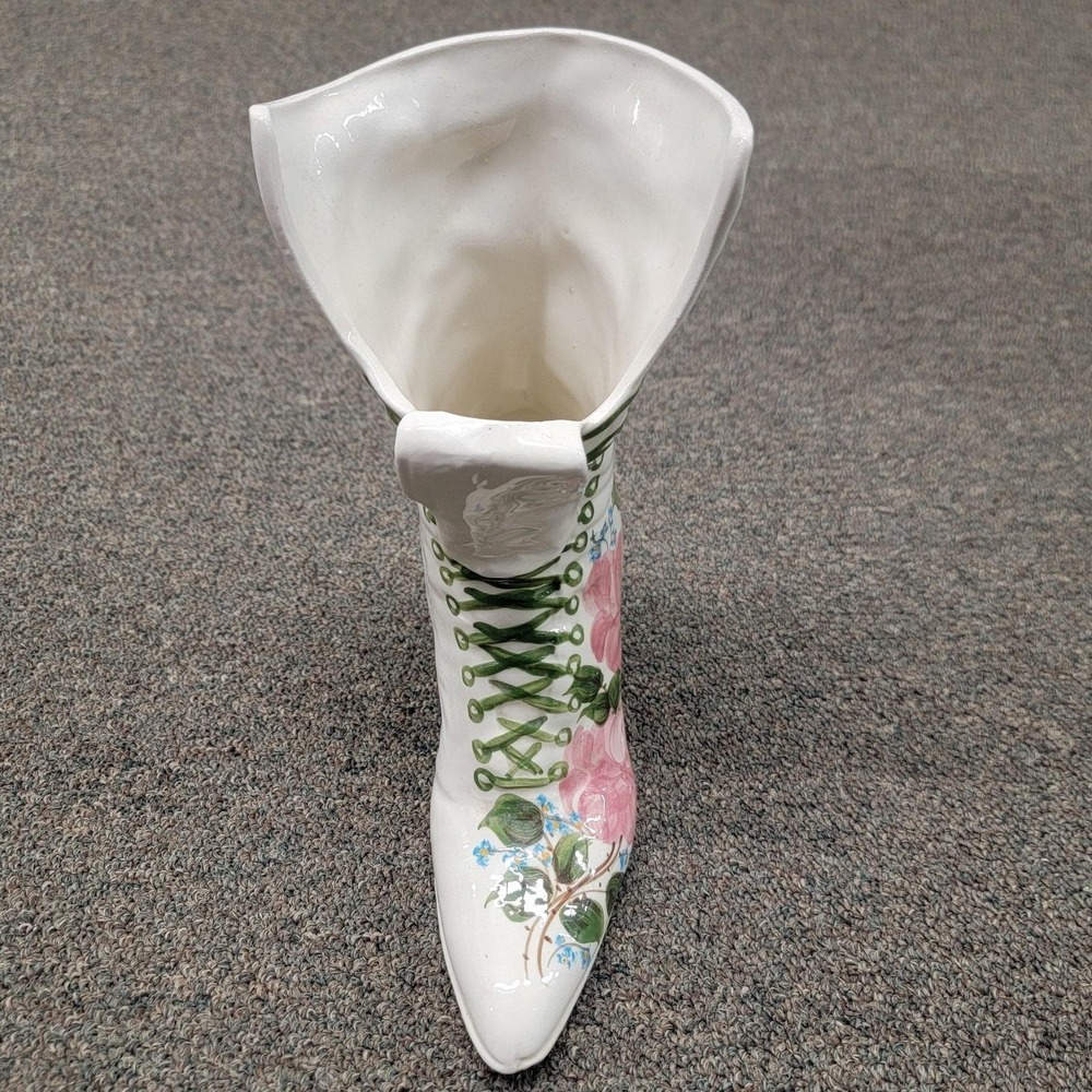 Vintage Victorian Ceramic‎ Boot Vase White Floral Handmade Hand Painted Art USA - Picture 6 of 16